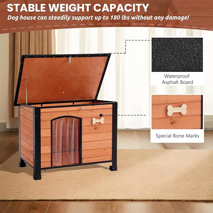 Outdoor Dog House, Small Wooden Dog House with Anti Bite Iron Frame Weatherproof Finish Outside Paw Print Dog Crate for Small and Medium Dogs,Orange