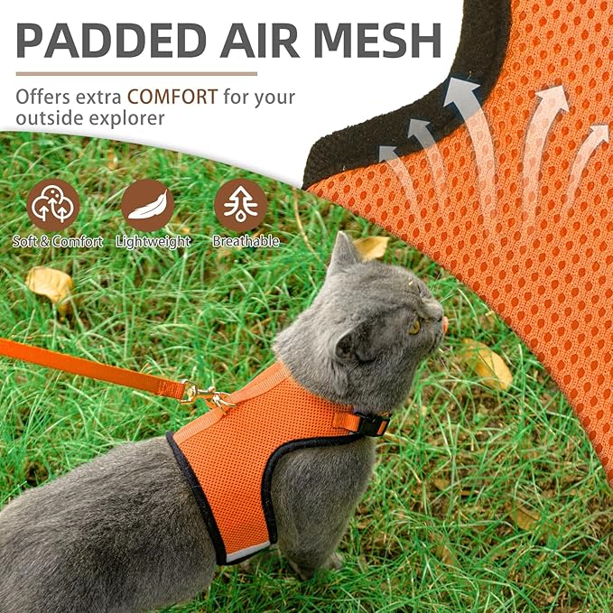 PUPTECK Soft Mesh Cat Vest Harness and Leash Set Puppy Padded Pet Harnesses Escape Proof for Cats Small Dogs Rabbits Bunny, Orange XL