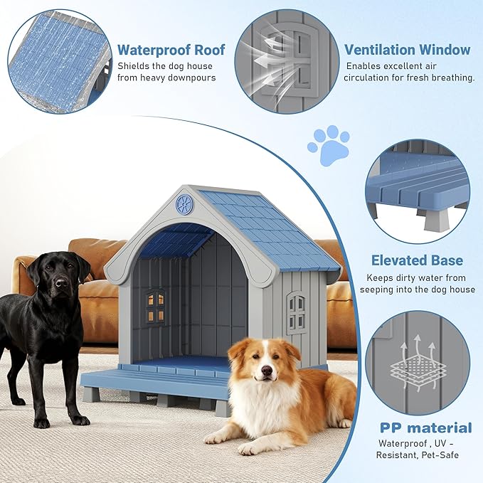 Dog House Outdoor Indoor, Weatherproof Insulated Dog House with Elevated Floor and Air Vents for Small to Medium Dogs,Easy Clean and Assemble (Blue1, 32.95" L×31.5" W×37.88" H)