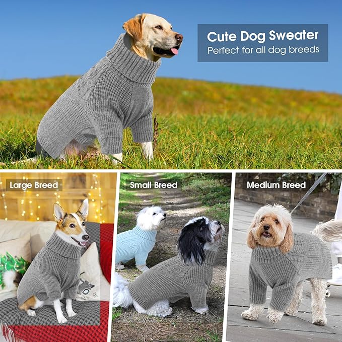 Queenmore Dog Sweater for Small Dogs, Ugly Christmas Pet Sweater, Cozy Knitted Dog Sweatshirt for Boy/Girl Puppy, Thermal Turtleneck Thick Jacket for Small Medium Large Canine - Grey, Size S