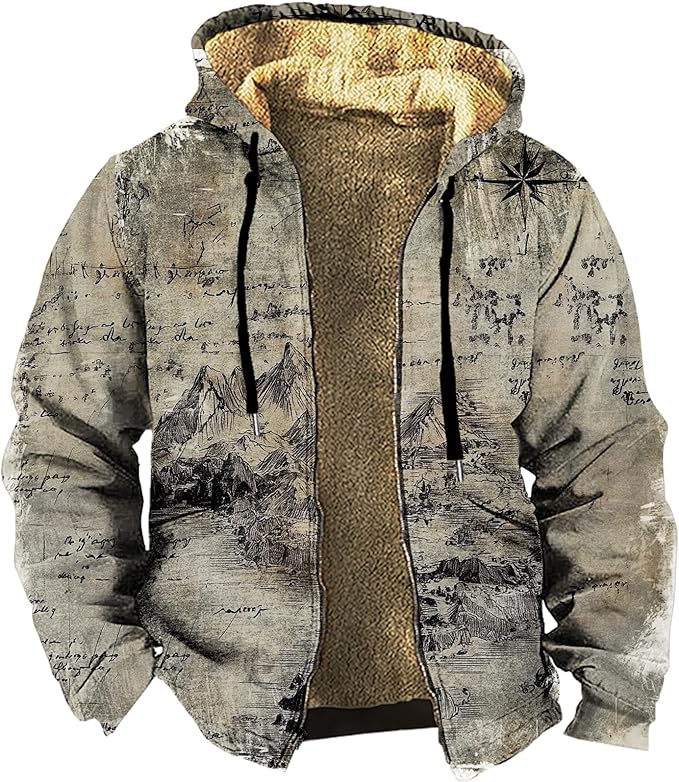 Men's Zip Up Jackets Western Style Ethnic Hoodie Hooded Vintage Long Sleeve Warm Coat Winter Outfits