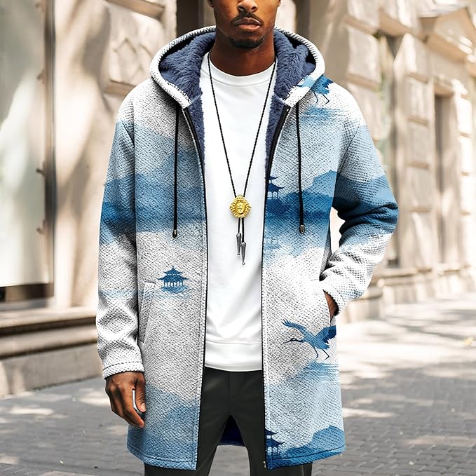 LIZALIG Long Hooded Cardigan Men Japanese Art Style Fashion Cool Graphic Coats Winter Warm Lined Fleece Jacket