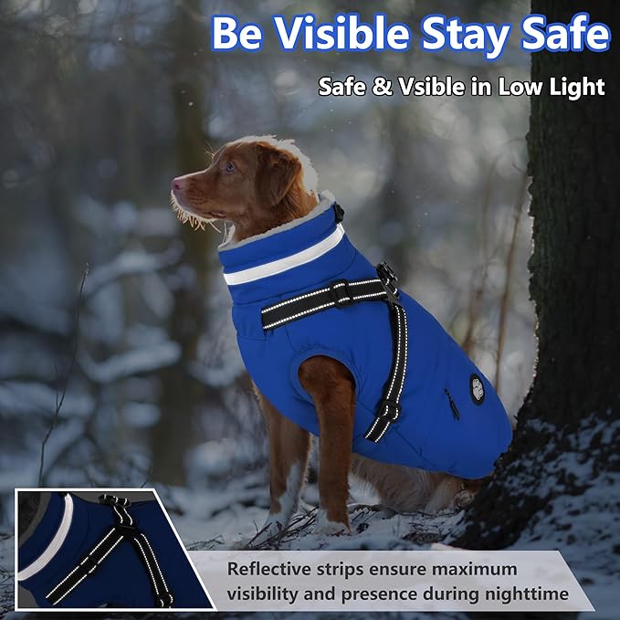 Dogcheer Dog Coat, Waterproof Dog Winter Jacket with Harness, Reflective Adjustable Doggy Cold Weather Coats, Christmas Pet Fleece Snowsuit for Small Medium Large Dogs - Blue, XS