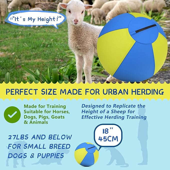 Herding Ball for Dogs and Horses - 18" Jolly Ball for Dogs, Agility Training Equipment, Herding for Australian/German Shepherd, Improved Bite-Resistant, Reinforced Sewing Dog Toys - Blue&Yellow（NEW）