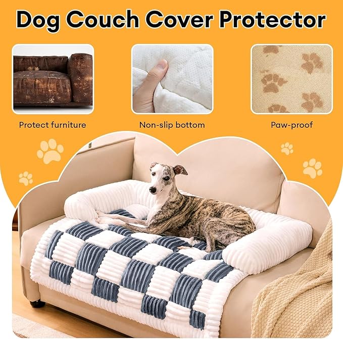 FUNNY FUZZY Pet Couch Covers for Sofa, Large Dog Couch Bed Cover Cream Square Plaid Washable Pet Mat for Furniture Protector Sofa Cover for Dogs, Large, Muted Grey