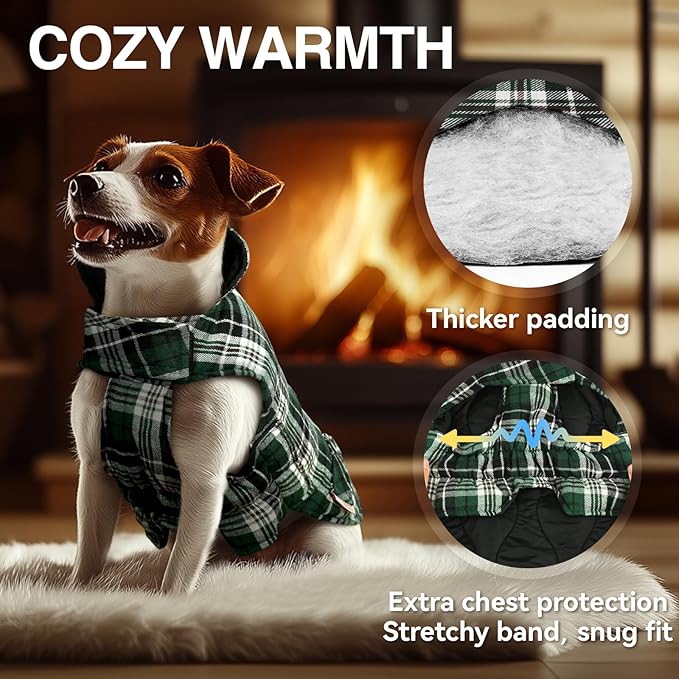 VIVAGLORY Softjoy Dog Coat, Dog Jacket for Winter & Christmas, Coat with Harness Hole & Velcro Closure, Reversible Plaid Checkered Warm Fluffy Heavy Duty for Puppy, M, Green