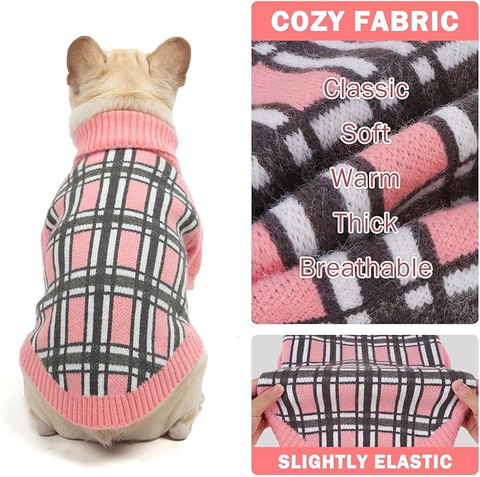 SCENEREAL Turtleneck Dog Sweater for Small Medium Large Dogs Girls Boys, Christmas Plaid Pullover Puppy Sweatershirt, Dogs Cold Weather Outfit Clothes, Ideal Gift for Pet in New Year, Pink Plaid XS