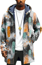 Mens Long Cardigan Hoodies Full Zip Fleece Lined Jackets Fashion Knitted Color Block Hooded Coat with Pockets