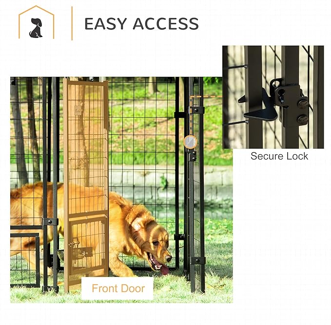 PawHut 4.6' x 4.6' x 5' Outdoor Dog Kennel, Welded Wire Dog Kennel Outside Run with 360° Rotating Bowls, Waterproof & UV Resistant Cover, for S&M Breeds, Chickens, Ducks, Red