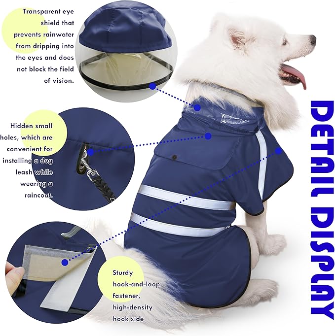 Dog Raincoat, Adjustable Rain Jacket with Hooded Double Layer for Large Medium Small Dogs Puppies, Lightweight Waterproof Rain Coat Poncho with Reflective Stripe Navy,S