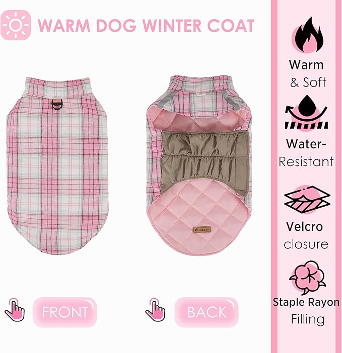 Quilted Dog Winter Coat, Plaid Lined Reversible Vest, Reflective Safety Strip, Cold Weather Pet Apparel Pink S