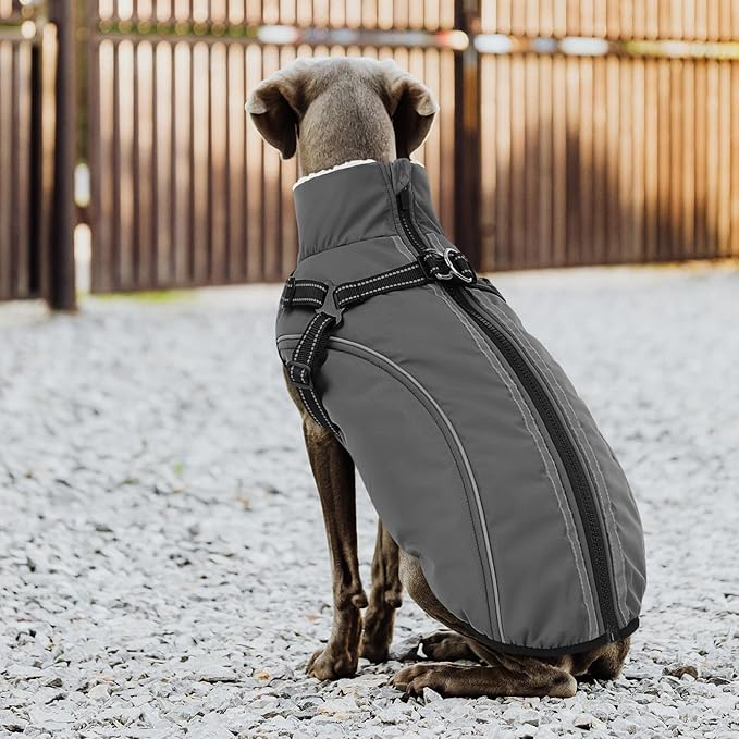 Dog Winter Coat with Harness Built in Warm Puffer Dog Jackets for Small Medium Large Dogs Windproof Waterproof Outfit with Plush Lining and Reflective Stripes (Grey, XS)