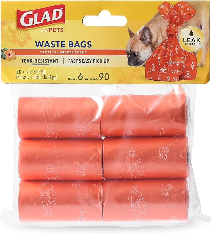 GLAD for Pets Large Dog Waste Bags, Scented, Tear-Resistant, 6 Rolls | Heavy Duty Dog Poop Bags for Fast and Easy Dog Waste Cleanup | 6 Rolls Waste Bags, 90 Bags Total (Pack of 2) FF19546