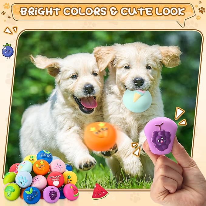 Hungdao 40 Pcs Bulk Dog Squeaky Toys Soft Rubber Latex Dog Toys Small Squeaky Balls Interactive Fetch Balls for Teething Small Pet Breeds Training(Cute Fruit)