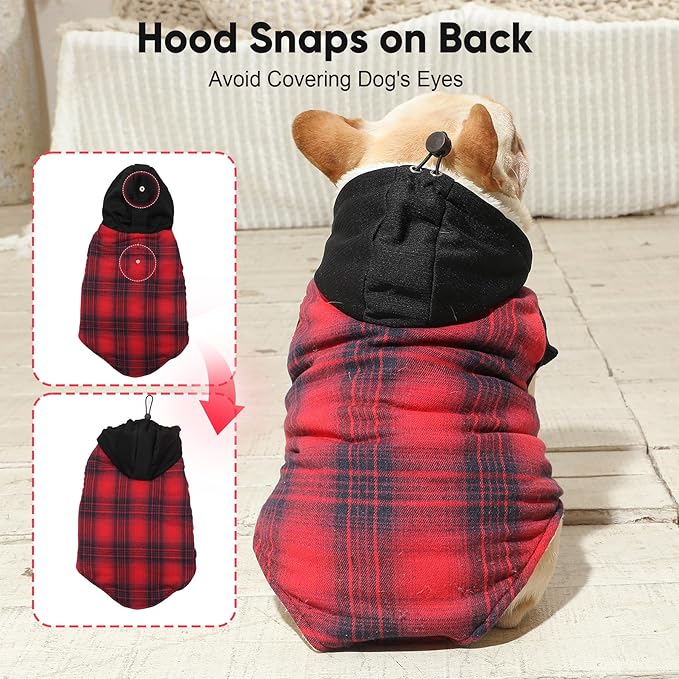 Fleece Lining Dog Hoodie for Small Dogs Extra Warm Plaid Sweater with Drawstring Hooded Coats in Winter Puppy Jacket,Red XS