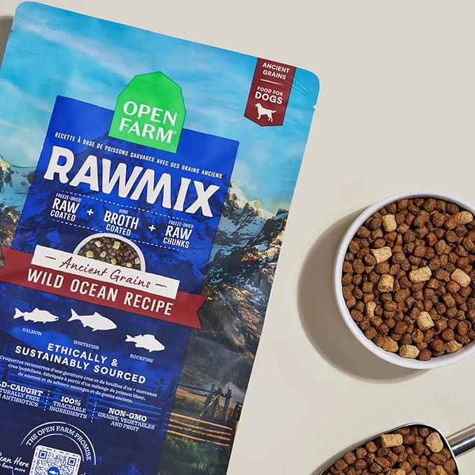 Open Farm, RawMix Dry Dog Food with Ancient Grains, Protein-Packed Kibble Coated in Bone Broth with Freeze Dried Raw Chunks, Salmon Whitefish & Rockfish, Wild Ocean Recipe, 20lb Bag