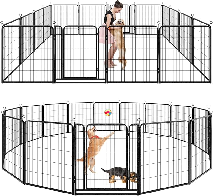 Dog Playpen Outdoor Extra Wide 16 Piece Panels Heavy Duty Dog Fence 40" Height Anti-Rust with Doors Portable for RV Camping Yard, Total 42FT, 140 Sq.ft, Snowy Black