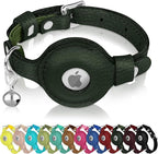 OOPSDOGGY Cat Collar for AirTag Holder, Leather Kitten Collars with Elastic Strap & Bell, Non Breakaway Adjustable Small Pet Collars for Indoor & Outdoor for Boy, Girl (Green)