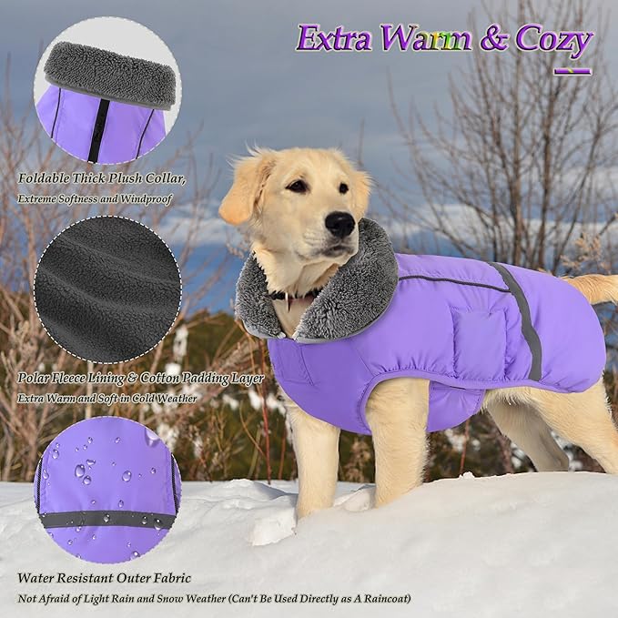Dogcheer Warm Dog Coat, Waterproof Dog Jacket Christmas Puppy Winter Coat with Buckle, Reflective Adjustable Pet Snow Jacket Fleece Sweater for Small Medium Large Dogs - Taro Purple 2XL