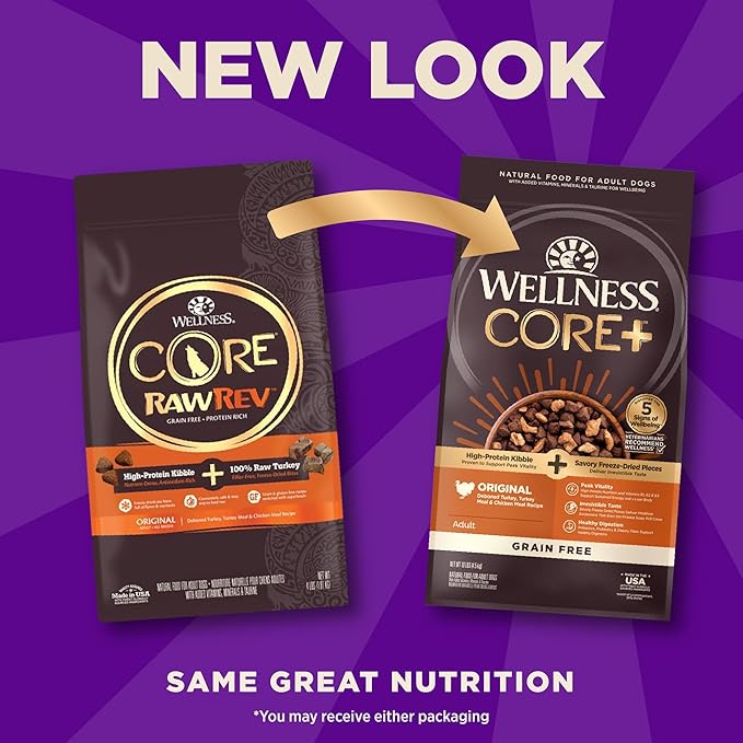 Wellness CORE+ Dry Dog Food with Freeze Dried Pieces, Grain Free, High Protein, Natural, Original Turkey & Chicken Recipe, (10-Pound Bag)