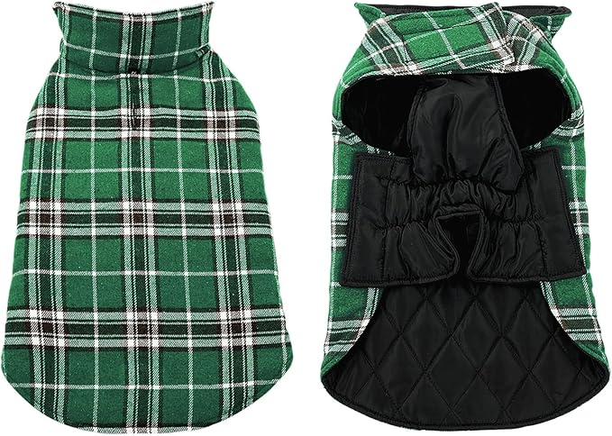 MIGOHI Reversible Dog Coat, Windproof Waterproof Warm Jacket for Cold Weather, British Style Plaid, Small Medium Large Dogs, Green, S