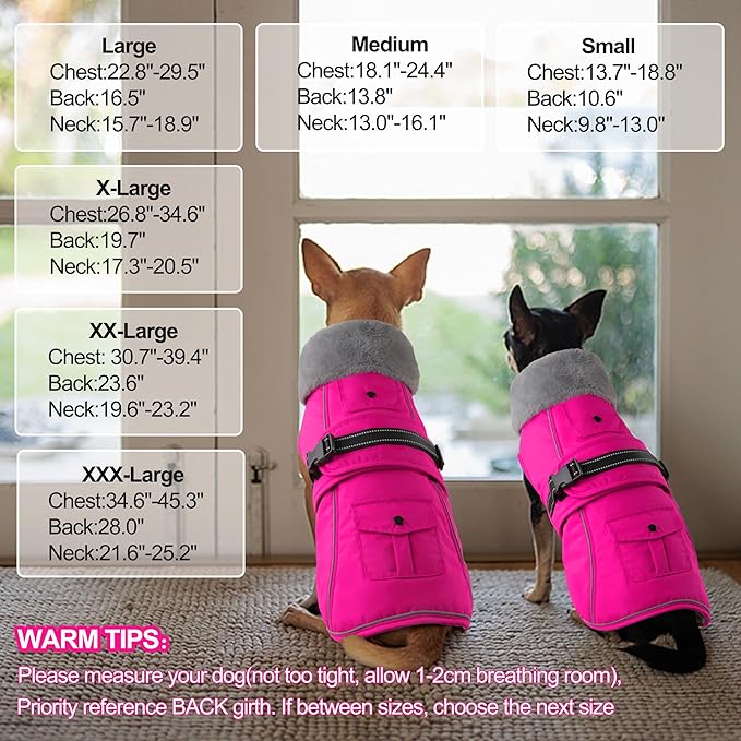 Dogcheer Dog Coat with Pocket, Waterproof Dog Jacket with Adjustable Buckle, Reflective Puppy Winter Coat Warm Turtleneck Fleece SnowJacket for Small Medium Large Dogs - Pink 2XL