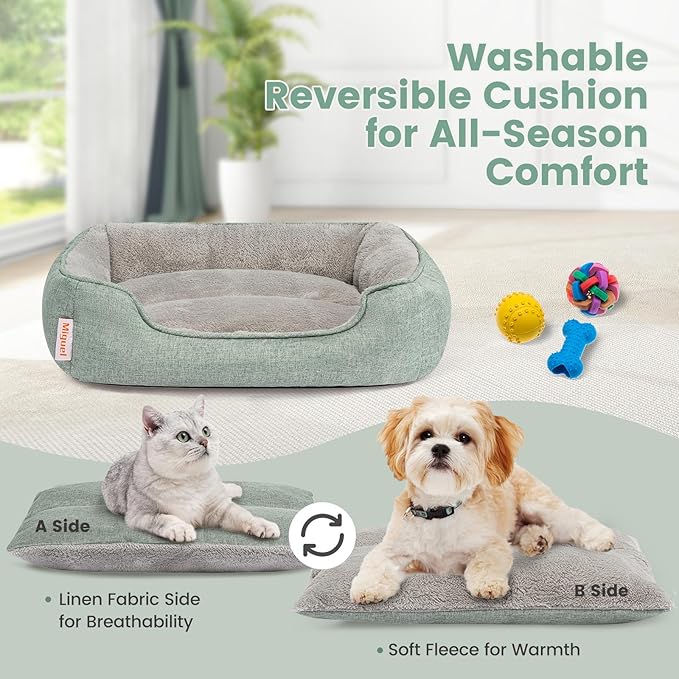 Miguel Faux Linen Dog Bed with Removable Cushion Pillow for Medium Small Dogs, Washable Pet Bed with Side Easy to Wash Puppy Bed, Rectangle Cat Bed for Indoor Cat with Anti-Slip Bottom, Green 30 Inch