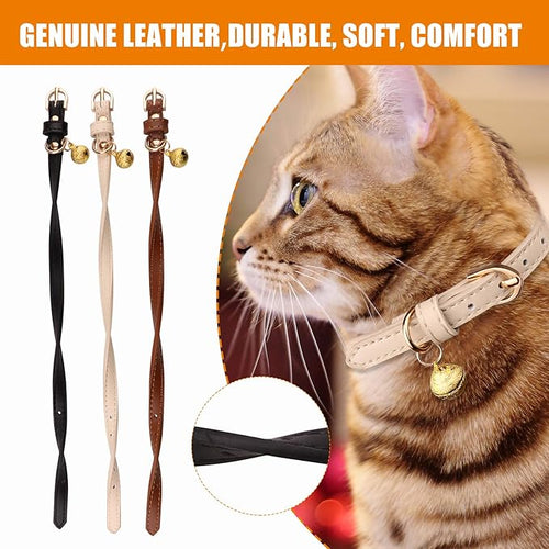3 Pack Leather Cat Collars with Bells Soft Pet Safety Collar Kitten Collars with Bell Black Chocolate Beige(XS)