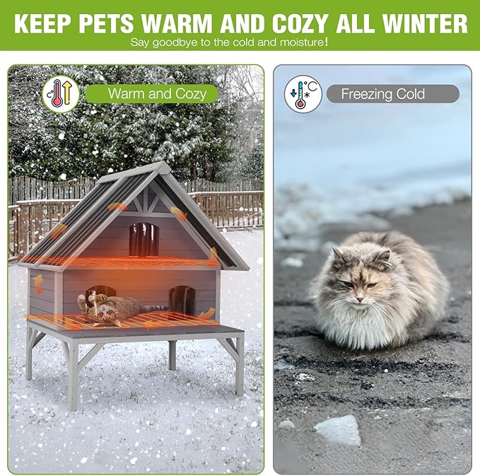 GUTINNEEN Heated Cat House 2-Level Large Outdoor Cat House Insulated Weatherproof Feral Cat Shelter with 2 Heating Pads, Insulated All-Round Thermal Liner, Large Porch, 3 Escape Doors for 1-6 Cats