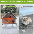 GUTINNEEN Heated Cat House 2-Level Large Outdoor Cat House Insulated Weatherproof Feral Cat Shelter with 2 Heating Pads, Insulated All-Round Thermal Liner, Large Porch, 3 Escape Doors for 1-6 Cats