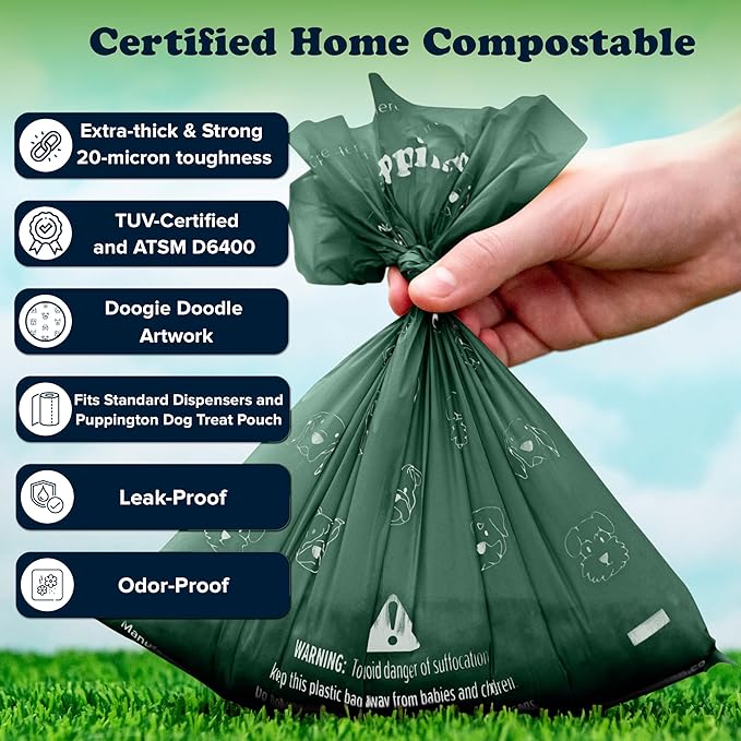 Puppington Certified Home Compostable Poop Bags - ASTM D6400 Compliant - 90 Extra Thick Bags - Plant Based - Pairs with Puppington 3-in-1 Bag & Fits all Standard Poop Bag Dispensers (Basil Green)