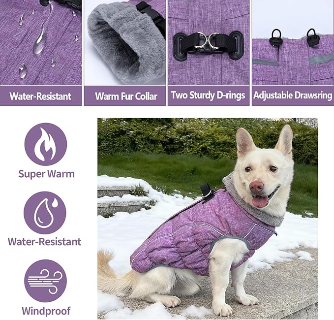 Malier Dog Coat, Reflective Dog Jacket Waterproof Windproof Puppy Cold Weather Coats with Harness Built in, Winter Extra Warm Pet Coat Fleece Vest for Small Large Pets and Puppy (Purple, XX-Large)