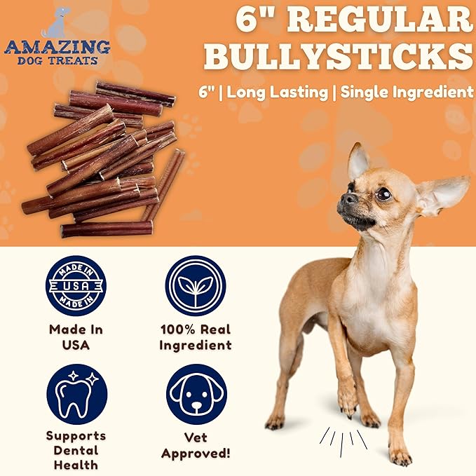 Amazing Dog Treats - 6 Inch Medium Size Bully Sticks (25 Count) - Bulk Bully Sticks for Dogs - No Hide Bully Stick Dog Bones