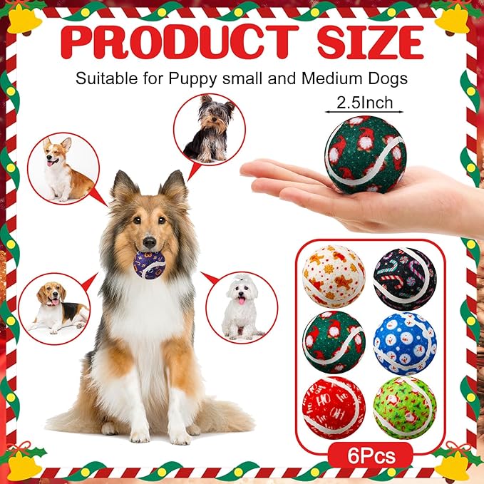 Civaner 6 Pcs Christmas Squeaky Tennis Balls for Dogs 2.5 Inch Bulk Dog Toys Ball for Small Medium Large Dogs Puppy Chew Teething Toy Interactive Training Xmas Gifts Stocking Stuffers (Candy)