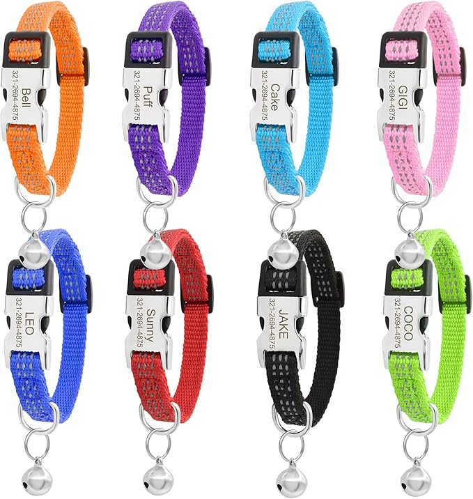 Personalized Reflective Nylon Cat Collar with Name Phone,Custom Engraved Buckle Cat Collar with Bell,Adjustable for Small Dogs Puppy Kitten (Light Blue,fit 7.5''-12.0'')