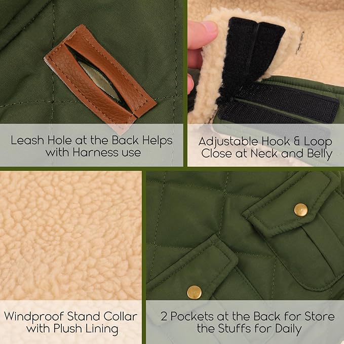 ASENKU Warm Dog Winter Coat, Waterproof Dog Coat for Cold Weather, Fleece Dogs Jacket with Ultra Thick Plush Lining Leash Hole Storage Pockets for Medium Large Dogs (Green, Large)