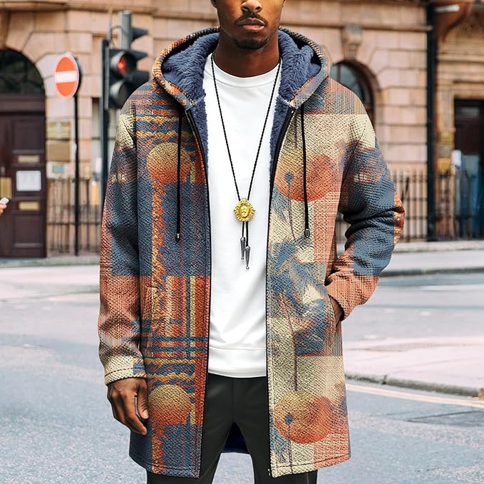 LIZALIG Long Hooded Cardigan Men Japanese Art Style Fashion Cool Graphic Coats Winter Warm Lined Fleece Jacket