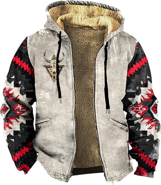 Men's Zip Up Jackets Western Style Ethnic Hoodie Hooded Vintage Long Sleeve Warm Coat Winter Outfits