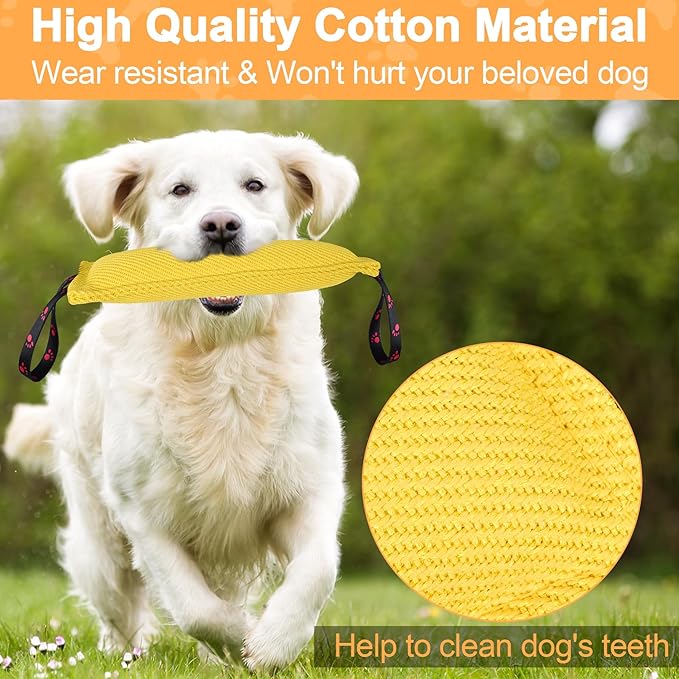 ToLanbbt Dog Tug Toy Bite Jute Pillow Pull Toy with 2 Strong Handles Perfect for Tug of War, Puppy Interactive Play, Tear Resistant Bite Training for Small Medium Large Dogs (Bright Yellow-Footprint)