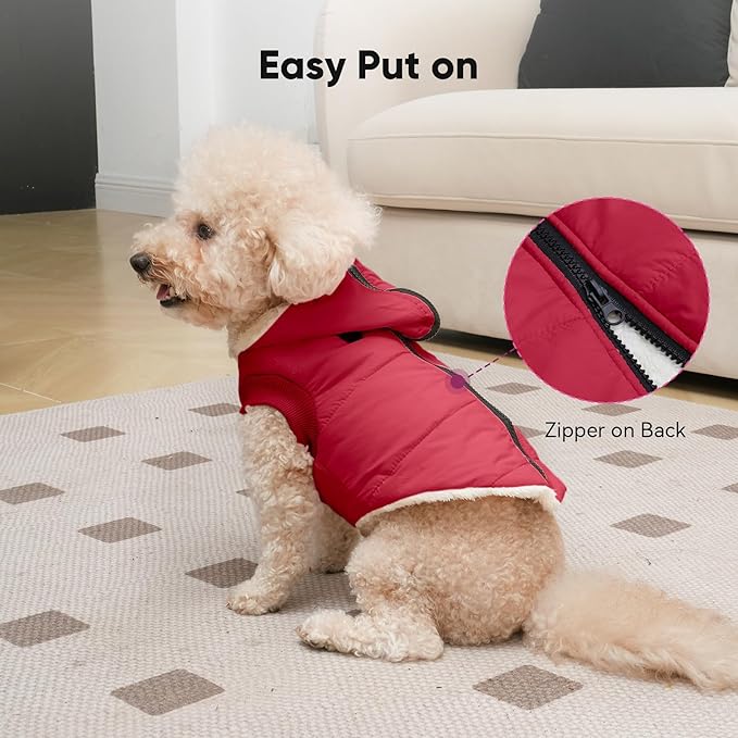 Fleece Lining Dog Hoodie with Harness Built in,Extra Warm Medium Dog Jacket in Winter Doggie Coats with Hooded,Red XL