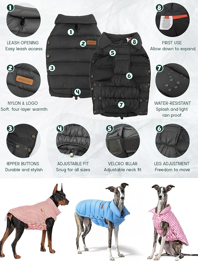 SPACE LION Dog Puffer Jacket, Down Winter Coat, Durable Outdoor Coat for Cold and Windy Conditions, Waterproof, Lightweight Jacket, Adjustable Fit for Small, Medium, Large Dogs(Black,22/XL+)