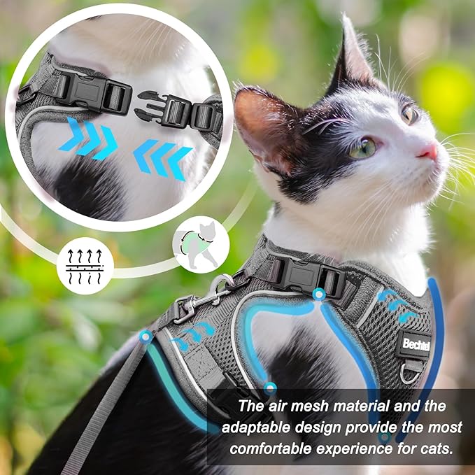 Cat Harness and Leash Set for Walking Escape Proof, Adjustable Soft Kittens Vest with Reflective Strip for Cats, Comfortable Outdoor Vest, Cat Car Leash, Grey, XXS