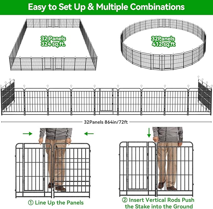 Square Steel Pipe Dog Fence Outdoor 32 Piece Panels 40" Height Anti-Rust Heavy Duty Dog Playpen with Doors Portable for Yard RV Camping, Total 71FT, 406 Sq.ft, Snowy Black