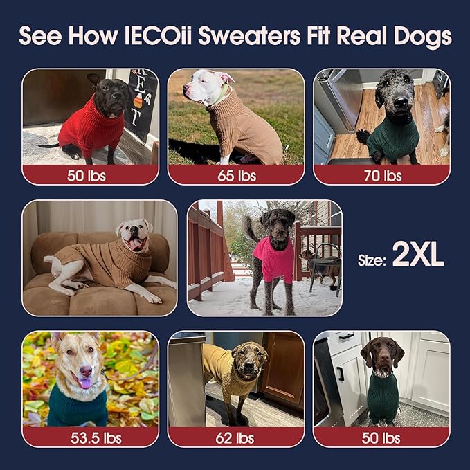 IECOii XXL Dog Sweater,Thermal Knit Big Dog Sweater with Sleeve,Pet Turtleneck Doggy Sweatshirt for Extra Large Dogs Boy Girl,Stretchy Large Dogs Cold Weather Outfit Pitbull Clothes,(Grass Green,XXL)