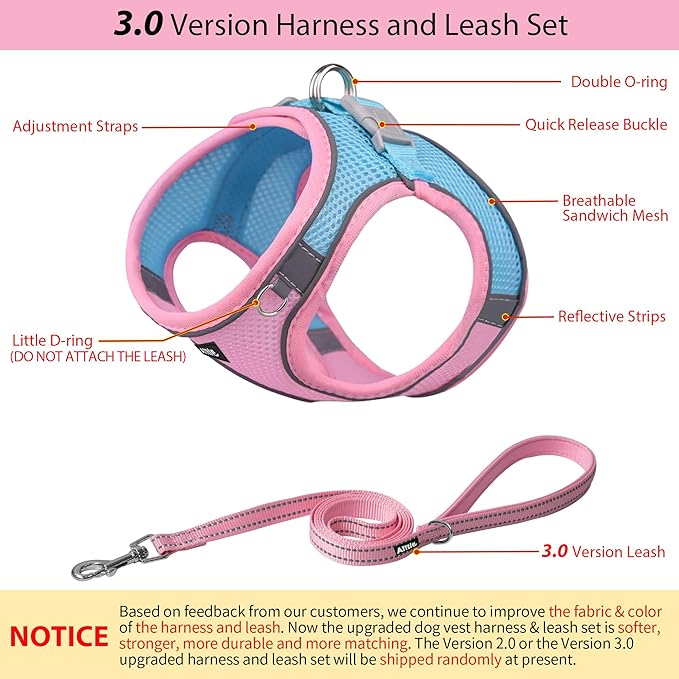 AIITLE Dog Harness, Summer No-Pull Cat Harness with a Leash, Adjustable Reflective Dog Vest, Cat Harness Escape Proof, Outdoor Walking, Camping for Extra Small Dogs and House Cats Pink XXXS