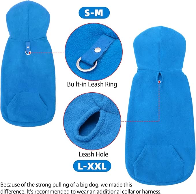 EXPAWLORER Dog Hoodie Fleece Sweater Vest, Hooded Dog Sweatshirt Fall Winter Pet Clothes with Leash Ring, Sleeveless Warm Cozy Puppy Clothing for Cat Small Medium Large Dogs Girl Boy, Blue S