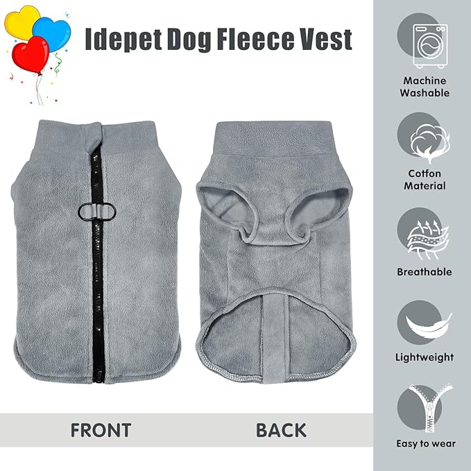 Idepet Dog Fleece Vest Sweater Zip Up Warm Pullover Dogs Jacket with D-Ring Leash Winter Cold Weater Coat Pet Sweatershirt Clothes Hoodie for Small Medium Dogs Boy Girl (Gray, M)