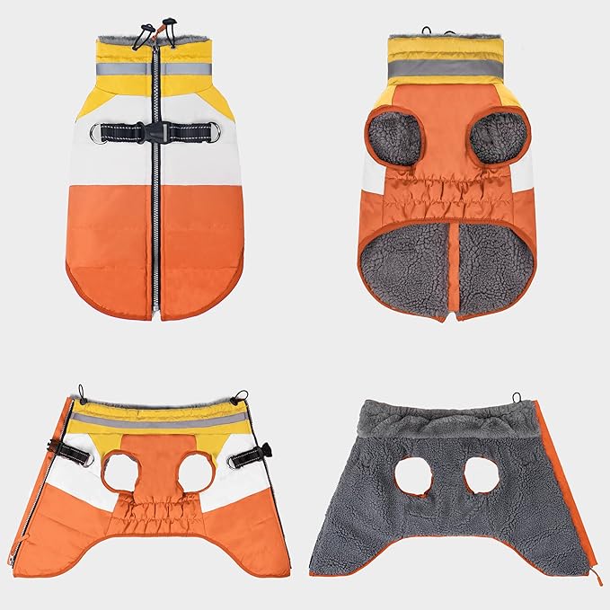 azuza Dog Jacket for Small Dogs Waterproof Dog Coat with Reflective Strips and Harness Built in Warm Fleece Dogs Winter Coat Windproof with Back Zipper, Orange L