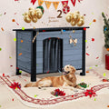 Outdoor Dog House, Small Wooden Dog House with Anti Bite Iron Frame Weatherproof Finish Outside Paw Print Dog Crate for Large and Medium Dogs, Grey