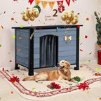 Outdoor Dog House, Small Wooden Dog House with Anti Bite Iron Frame Weatherproof Finish Outside Paw Print Dog Crate for Large and Medium Dogs, Grey